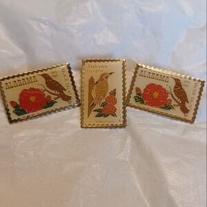 3 1991 signed Alabama Bird & Flower Postage Stamp Brooch, vintage